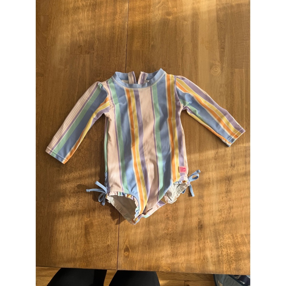 RuffleButts Girls Pastel Stripe Long Sleeve Rash Guard Swimsuit 12-18M Snaps